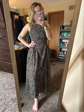 Japna Black Floral Halter Maxi Dress with Pink and Cream Details